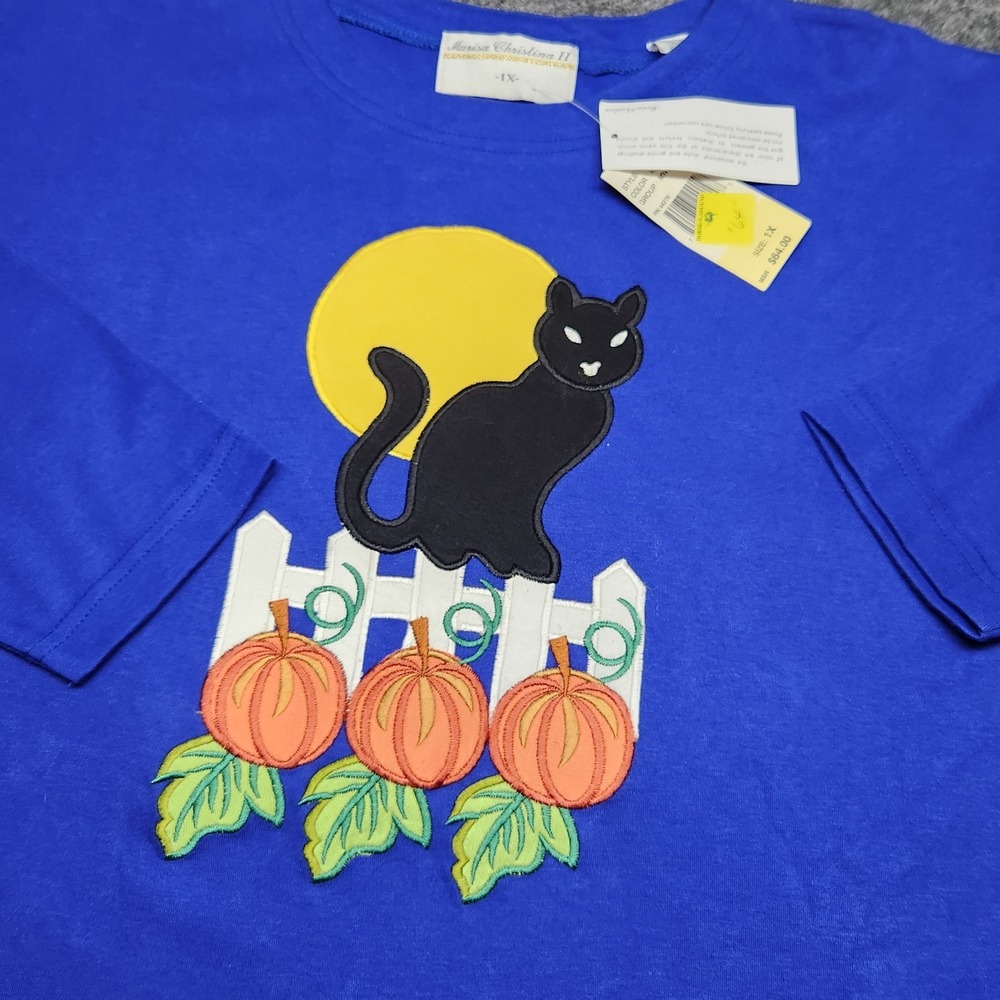 Marisa Christina VTG Black Cat Full Moon Pumpkin Halloween Shirt 1X Plus NWT
